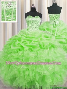 Suitable Visible Boning Spring Green Sleeveless Floor Length Beading and Ruffles and Pick Ups Lace Up Quinceanera Gown