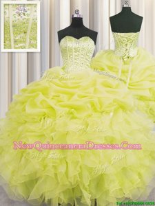 Free and Easy Visible Boning Yellow Sweetheart Neckline Beading and Ruffles and Pick Ups Quinceanera Dress Sleeveless Lace Up