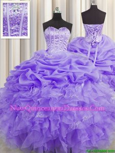 Smart Visible Boning Lavender Sleeveless Floor Length Beading and Ruffles and Pick Ups Lace Up 15 Quinceanera Dress