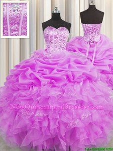 Charming Visible Boning Sleeveless Floor Length Beading and Ruffles and Pick Ups Lace Up Quince Ball Gowns with Lilac