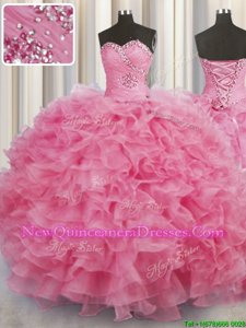 High End Organza Sweetheart Sleeveless Lace Up Beading and Ruffles Quinceanera Gowns inRose Pink