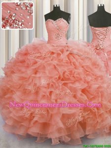 Shining Floor Length Lace Up 15 Quinceanera Dress Watermelon Red and In for Military Ball and Sweet 16 and Quinceanera withBeading and Ruffles