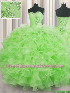 Fantastic Sleeveless Floor Length Beading and Ruffles Lace Up Sweet 16 Dress with Yellow Green