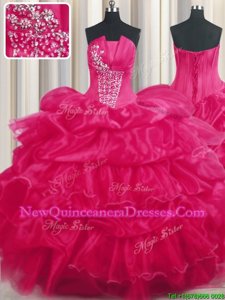 Traditional Floor Length Hot Pink Vestidos de Quinceanera Organza Sleeveless Spring and Summer and Fall and Winter Beading and Ruffled Layers and Pick Ups