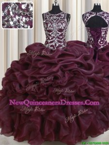 Glamorous Scoop See Through Dark Green Ball Gowns Beading and Pick Ups Quinceanera Gowns Lace Up Organza Sleeveless Floor Length