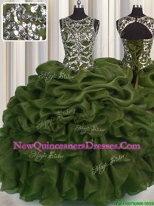 Gorgeous See Through Organza Scoop Sleeveless Lace Up Beading and Pick Ups 15th Birthday Dress inOlive Green