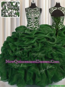 Best Scoop See Through Floor Length Lace Up Sweet 16 Dresses Olive Green and In for Military Ball and Sweet 16 and Quinceanera withBeading and Pick Ups