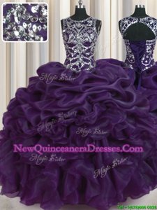 Edgy Eggplant Purple Organza Lace Up Scoop Sleeveless Floor Length 15 Quinceanera Dress Beading and Pick Ups
