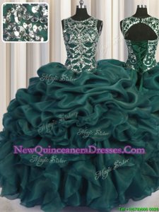 Custom Made Scoop See Through Teal Sleeveless Organza Lace Up Quinceanera Gowns for Military Ball and Sweet 16 and Quinceanera