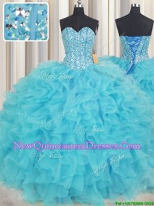 Visible Boning Baby Blue Sweetheart Neckline Beading and Ruffles Sweet 16 Quinceanera Dress Sleeveless Lace Up