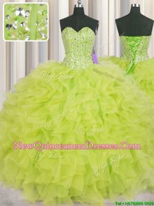 Affordable Visible Boning Sleeveless Organza Floor Length Lace Up Vestidos de Quinceanera inYellow Green withBeading and Ruffles