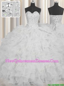 Low Price Visible Boning White Organza Lace Up Sweetheart Sleeveless Floor Length Sweet 16 Dresses Beading and Ruffles and Sashes|ribbons