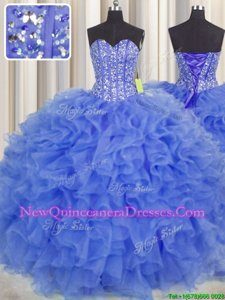 Exquisite Visible Boning Blue Ball Gowns Sweetheart Sleeveless Organza Floor Length Lace Up Beading and Ruffles and Sashes|ribbons Sweet 16 Dress