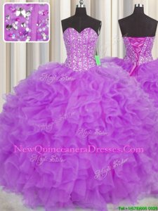 Artistic Visible Boning Purple Ball Gowns Beading and Ruffles and Sashes|ribbons Quince Ball Gowns Lace Up Organza Sleeveless Floor Length