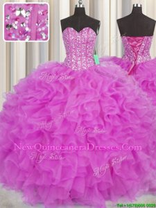 Vintage Visible Boning Sweetheart Sleeveless Sweet 16 Quinceanera Dress Floor Length Beading and Ruffles Hot Pink and Fuchsia Organza