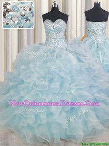 Extravagant Floor Length Light Blue Sweet 16 Dress Organza Sleeveless Spring and Summer and Fall and Winter Beading and Ruffles