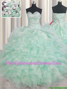 Charming Apple Green Sleeveless Floor Length Beading and Ruffles Lace Up Vestidos de Quinceanera