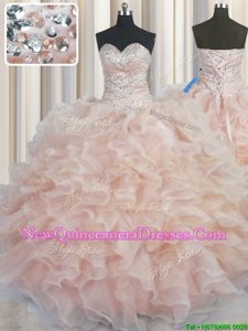 Graceful Sweetheart Sleeveless 15th Birthday Dress Floor Length Beading and Ruffles Orange Organza