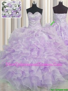 Super Lavender Organza Lace Up Sweet 16 Quinceanera Dress Sleeveless Floor Length Beading and Ruffles