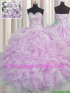 Adorable Lilac Sleeveless Organza Lace Up Sweet 16 Quinceanera Dress for Military Ball and Sweet 16 and Quinceanera