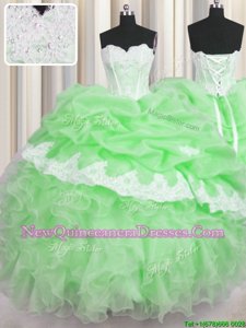 Exceptional Spring Green Lace Up Sweetheart Beading and Appliques and Ruffles and Pick Ups Quince Ball Gowns Organza Sleeveless