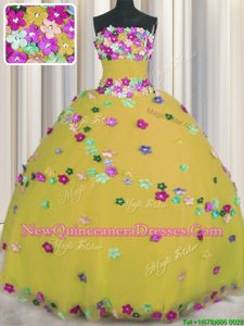 Deluxe Spring and Summer and Fall and Winter Tulle Sleeveless Floor Length Quinceanera Gowns andHand Made Flower