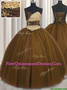 Wonderful Sweetheart Sleeveless Vestidos de Quinceanera Floor Length Beading and Appliques and Ruching and Belt Brown Tulle