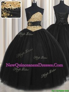 Charming Black Sleeveless Floor Length Beading and Appliques and Ruching and Belt Lace Up Quince Ball Gowns
