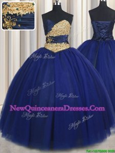 Sophisticated Tulle Sweetheart Sleeveless Lace Up Beading and Appliques Quinceanera Gowns inNavy Blue