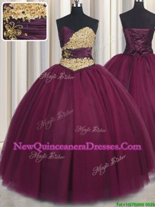 Cute Fuchsia Tulle Lace Up Vestidos de Quinceanera Sleeveless Floor Length Beading and Appliques