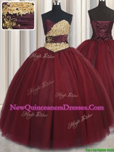 Comfortable Wine Red Sleeveless Tulle Lace Up Quince Ball Gowns for Military Ball and Sweet 16 and Quinceanera