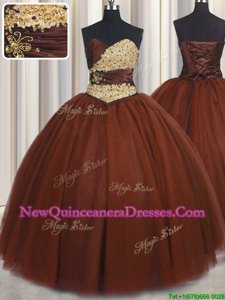 Burgundy Ball Gowns Sweetheart Sleeveless Tulle Floor Length Lace Up Beading and Appliques Sweet 16 Quinceanera Dress