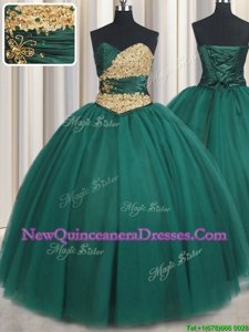 Beautiful Beading and Appliques Quince Ball Gowns Peacock Green Lace Up Sleeveless Floor Length