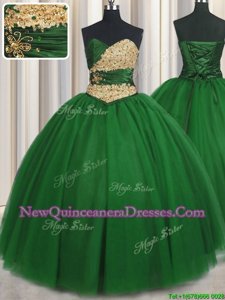 Green Ball Gowns Beading and Appliques Vestidos de Quinceanera Lace Up Tulle Sleeveless Floor Length