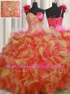 Hot Selling One Shoulder Handcrafted Flower Floor Length Ball Gowns Sleeveless Multi-color Quinceanera Gown Lace Up