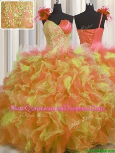 Delicate One Shoulder Handcrafted Flower Floor Length Multi-color Sweet 16 Dresses Tulle Sleeveless Spring and Summer and Fall and Winter Beading and Ruffles and Hand Made Flower