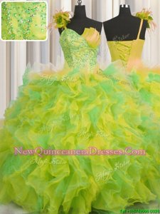 Modern Handcrafted Flower Multi-color Lace Up One Shoulder Beading and Ruffles and Hand Made Flower 15 Quinceanera Dress Tulle Sleeveless