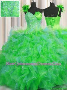 Spectacular Handcrafted Flower One Shoulder Sleeveless Lace Up Quinceanera Dress Multi-color Tulle
