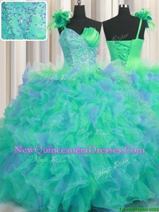 Suitable One Shoulder Handcrafted Flower Multi-color Sleeveless Tulle Lace Up Quince Ball Gowns for Military Ball and Sweet 16 and Quinceanera