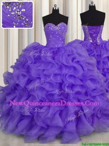 Sweetheart Sleeveless Quinceanera Gowns Floor Length Beading and Ruffles Lavender Organza
