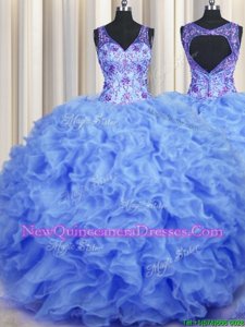 Ideal V Neck Beading and Appliques and Ruffles Quinceanera Gowns Blue Zipper Sleeveless Floor Length