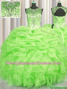On Sale See Through Yellow Green Sleeveless Floor Length Beading and Ruffles and Pick Ups Lace Up Sweet 16 Quinceanera Dress