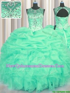 See Through Scoop Sleeveless Organza Sweet 16 Dresses Beading and Ruffles and Pick Ups Lace Up