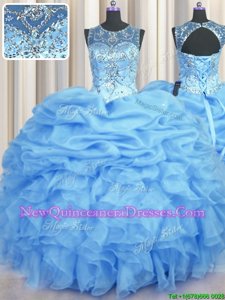 Excellent See Through Light Blue Organza Lace Up 15 Quinceanera Dress Sleeveless Floor Length Beading and Ruffles and Pick Ups
