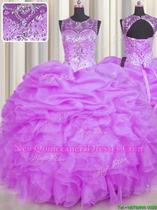 Delicate See Through Lilac Ball Gowns Scoop Sleeveless Organza Floor Length Backless Beading and Ruffles and Pick Ups Sweet 16 Dresses