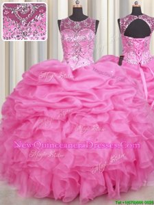 Pretty Scoop See Through Beading and Ruffles and Pick Ups Quinceanera Dress Rose Pink Lace Up Sleeveless Floor Length