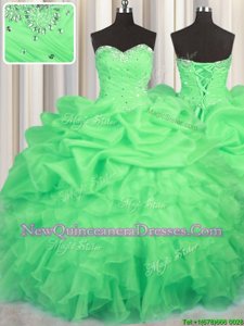 Best Organza Sweetheart Sleeveless Lace Up Beading and Ruffles and Ruching and Pick Ups Quince Ball Gowns inGreen