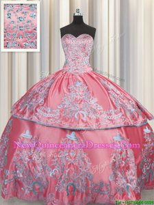 Hot Selling Floor Length Lace Up Sweet 16 Dress Rose Pink and In for Military Ball and Sweet 16 and Quinceanera withBeading and Embroidery