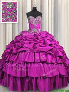 Adorable Brush Train Fuchsia Sleeveless Floor Length Beading and Embroidery and Ruffled Layers and Pick Ups Lace Up Quinceanera Dress
