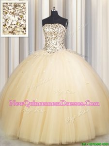 Smart Really Puffy Champagne Tulle Lace Up Quinceanera Dress Sleeveless Floor Length Beading and Sequins